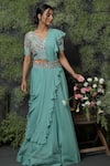 Shop_Usha Bagri_Blue Organza Embroidery V Neck Lehenga Set With Ruffle Dupatta  _at_Aza_Fashions