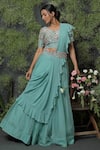 Usha Bagri_Blue Organza Embroidery V Neck Lehenga Set With Ruffle Dupatta  _Online_at_Aza_Fashions