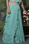 Usha Bagri_Blue Organza Embroidery V Neck Lehenga Set With Ruffle Dupatta  _at_Aza_Fashions