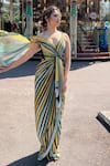 Buy_Amit Aggarwal_Multi Color Jersey Stripes Plunge V Neck Draped Saree Gown  _at_Aza_Fashions