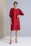 Buy_Scarlet Sage_Red 100% Polyester Floral Round Sophie Sheer Shoulder Pleated Dress_at_Aza_Fashions