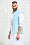 Buy Rajesh Pratap Singh Blue Linen Printed Nehru Jacket at Aza Fashions Buy_Rajesh Pratap Singh_Blue Linen Printed Nehru Jacket _at_Aza_Fashions