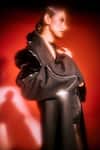 Sameer Madan_Black Faux Leather, Fleece Glitter Merga Bien Shawl Collar Coat _Online_at_Aza_Fashions