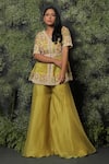 Buy_Usha Bagri_Green Organza Embroidery V Neck Peplum And Palazzo Set  _at_Aza_Fashions