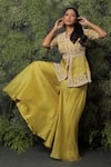 Usha Bagri_Green Organza Embroidery V Neck Peplum And Palazzo Set  _Online_at_Aza_Fashions