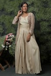 Buy_Usha Bagri_Beige Silk Embroidery Round Pleated Palazzo Set With Jacket  _at_Aza_Fashions