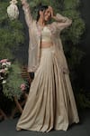 Shop_Usha Bagri_Beige Silk Embroidery Round Pleated Palazzo Set With Jacket  _at_Aza_Fashions