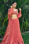 Buy_Ridhi Mehra_Peach Blouse Net Embroidery Cape Open Cutwork And Lehenga Set  _at_Aza_Fashions