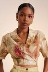 Cord_White Linen Printed Wood Notched Lapel Collar Overlap Crop Top _Online_at_Aza_Fashions