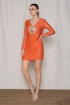 Amrta By Guneet Kondal_Coral Cotton, Viscose Beads, Embroidery V-neck Short Dress _Online_at_Aza_Fashions