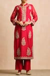 Sue Mue_Red Maheswari Handloom Cotton Band Collar Kurta Set _Online_at_Aza_Fashions