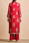 Shop_Sue Mue_Red Maheswari Handloom Cotton Band Collar Kurta Set _at_Aza_Fashions