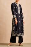 Sue Mue_Black Maheswari Handloom Cotton Band Collar Kurta Set _Online_at_Aza_Fashions