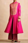 Sue Mue_Pink Handloom Cotton Mandarin Collar Anarkali With Dupatta _Online_at_Aza_Fashions