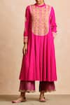 Buy_Sue Mue_Pink Handloom Cotton Mandarin Collar Anarkali With Dupatta _at_Aza_Fashions