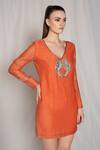 Shop_Amrta By Guneet Kondal_Coral Cotton, Viscose Beads, Embroidery V-neck Short Dress _Online_at_Aza_Fashions