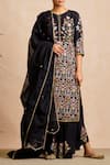 Buy_Sue Mue_Black Tussar Georgette Round Handloom Maheshwari Kurta Set _at_Aza_Fashions