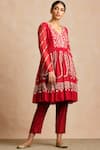Sue Mue_Red Raw Silk, Handloom Maheshwari Cotton V Neck Anarkali Set _Online_at_Aza_Fashions