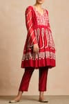Buy_Sue Mue_Red Raw Silk, Handloom Maheshwari Cotton V Neck Anarkali Set _at_Aza_Fashions