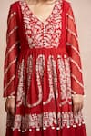 Sue Mue_Red Raw Silk, Handloom Maheshwari Cotton V Neck Anarkali Set _at_Aza_Fashions
