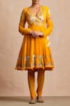 Buy_Sue Mue_Yellow Handloom Maheshwari Cotton, Lycra Crepe V Neck Anarkali Set _at_Aza_Fashions