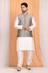 Buy_Aryavir Malhotra_Silver Jacquard Silk Woven Geometric Bundi And Kurta Set_at_Aza_Fashions