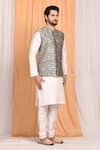 Aryavir Malhotra_Silver Jacquard Silk Woven Geometric Bundi And Kurta Set_Online_at_Aza_Fashions