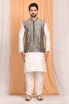 Buy_Aryavir Malhotra_Silver Jacquard Silk Woven Geometric Bundi And Kurta Set_Online_at_Aza_Fashions