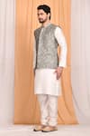 Shop_Aryavir Malhotra_Silver Jacquard Silk Woven Geometric Bundi And Kurta Set_Online_at_Aza_Fashions