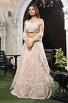 Buy_Kalighata_Peach Net Embroidered Sequin Sweetheart Neck Off Shoulder Lehenga Set _at_Aza_Fashions