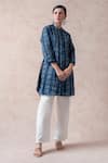 Shop_Thetaa_Blue Polyester Printed Stripes Band Collar Kurta With Contrast Pant _Online_at_Aza_Fashions