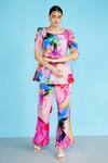 Shop_Garima Bindal_Multi Color Crepe Round Neck Reanna Abstract Print Peplum And Flared Pant Set _Online_at_Aza_Fashions