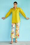 Garima Bindal_Yellow Poplin, Modal Sequins, Applique Shawl Neck Sunshine 3d Shirt And Pant Set _Online_at_Aza_Fashions