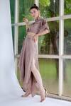 Garima Bindal_Brown Silk Tassels Shawl Neck Cascade Drape Sleeve Crop Top And Skirt Set _Online_at_Aza_Fashions