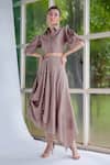Buy_Garima Bindal_Brown Silk Tassels Shawl Neck Cascade Drape Sleeve Crop Top And Skirt Set _Online_at_Aza_Fashions