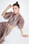Buy_Garima Bindal_Brown Silk Tassels Shawl Neck Cascade Drape Sleeve Crop Top And Skirt Set 