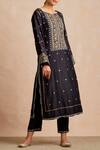 Sue Mue_Black Tussar Georgette Round Embroidered Kurta Set _Online_at_Aza_Fashions