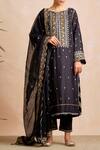 Buy_Sue Mue_Black Tussar Georgette Round Embroidered Kurta Set _at_Aza_Fashions