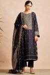 Buy_Sue Mue_Black Tussar Georgette Round Embroidered Kurta Set _Online_at_Aza_Fashions