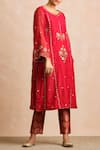 Sue Mue_Red Maheshwari Handloom Cotton And Banarasi Round Embroidered Kurta Set _Online_at_Aza_Fashions