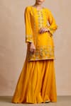 Buy_Sue Mue_Yellow Maheshwari Handloom Cotton Notched Embroidered Kurta Sharara Set _at_Aza_Fashions