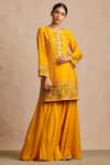 Sue Mue_Yellow Maheshwari Handloom Cotton Notched Embroidered Kurta Sharara Set _Online_at_Aza_Fashions