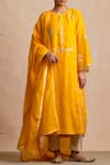 Buy_Sue Mue_Yellow Maheshwari Handloom Cotton Notched Embroidered Kurta And Pant Set _at_Aza_Fashions