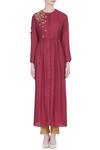 Shop Joy Mitra Red Silk Blend Embroidered Zari Work Round Neck Gathered Pleated Tunic With Online at Aza Fashions Shop_Joy Mitra_Red Silk Blend Embroidered Zari Work Round Neck Gathered Pleated Tunic With _Online_at_Aza_Fashions
