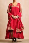 Buy_Sue Mue_Red Maheswari Handloom Cotton V Neck Embroidered Anarkali Set _at_Aza_Fashions