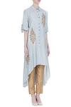 Joy Mitra_Blue Silk Blend Embroidered Thread Work Collar Leaf Motif Tunic _Online_at_Aza_Fashions