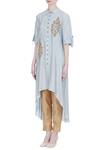 Buy_Joy Mitra_Blue Silk Blend Embroidered Thread Work Collar Leaf Motif Tunic _Online_at_Aza_Fashions