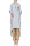 Shop_Joy Mitra_Blue Silk Blend Embroidered Thread Work Collar Leaf Motif Tunic _Online_at_Aza_Fashions