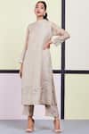 Sue Mue_Beige Organza, Mul Round Embroidered Kurta Set _Online_at_Aza_Fashions