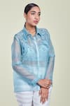 Buy_Sue Mue_Blue Organza Straight Collar Sheer Shirt _at_Aza_Fashions